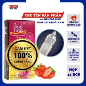 Bao cao su Feel 4 in 1 gân gai kéo dài thời gian hương dâu hộp 12 bao