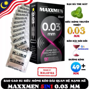 Bao cao su Maxxmen 0.03 Kéo dài thời gian, Siêu mỏng siêu truyền nhiệt, Tinh chất bạc hà mát lạnh